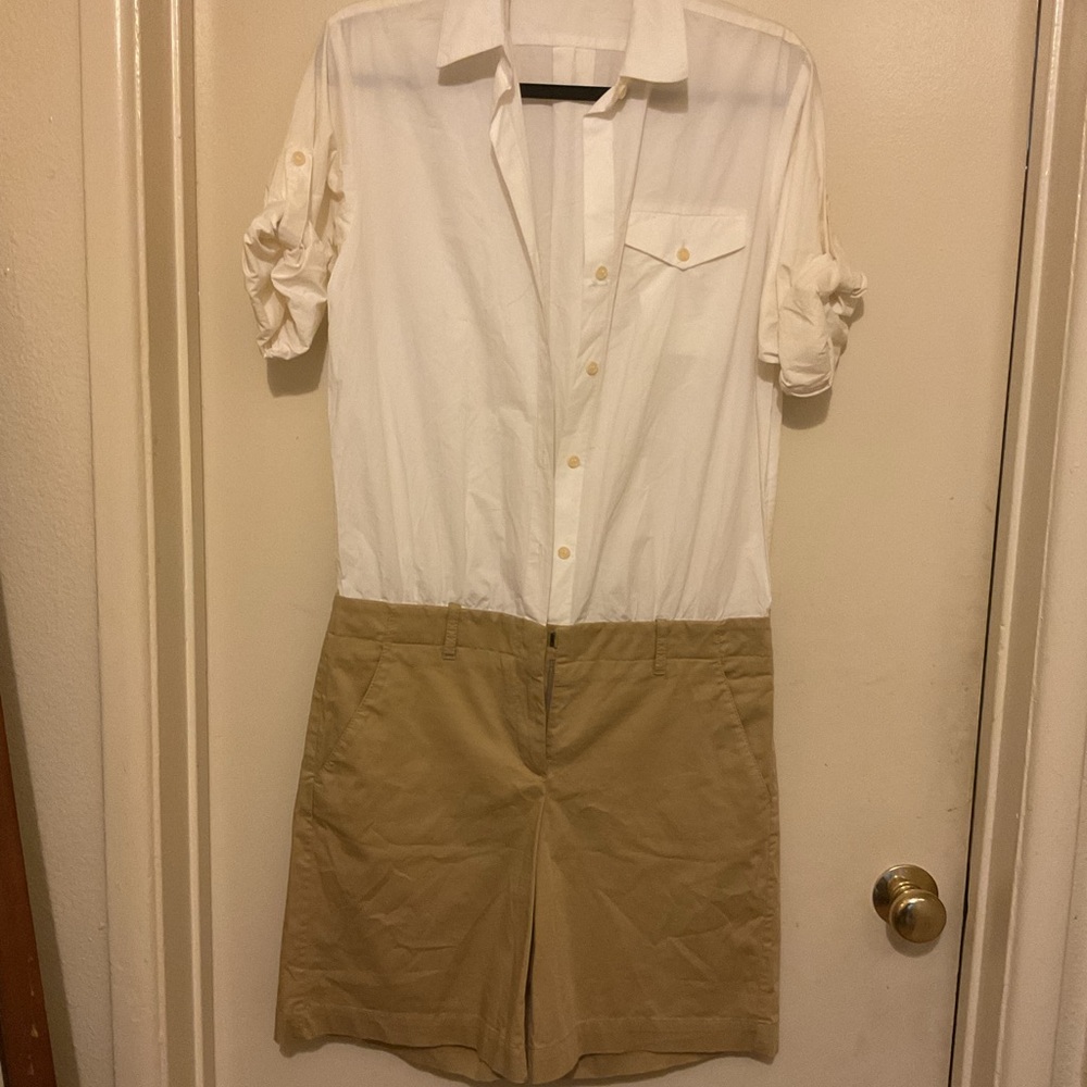 White Button-Up Top with Khaki Short Skirt Romper